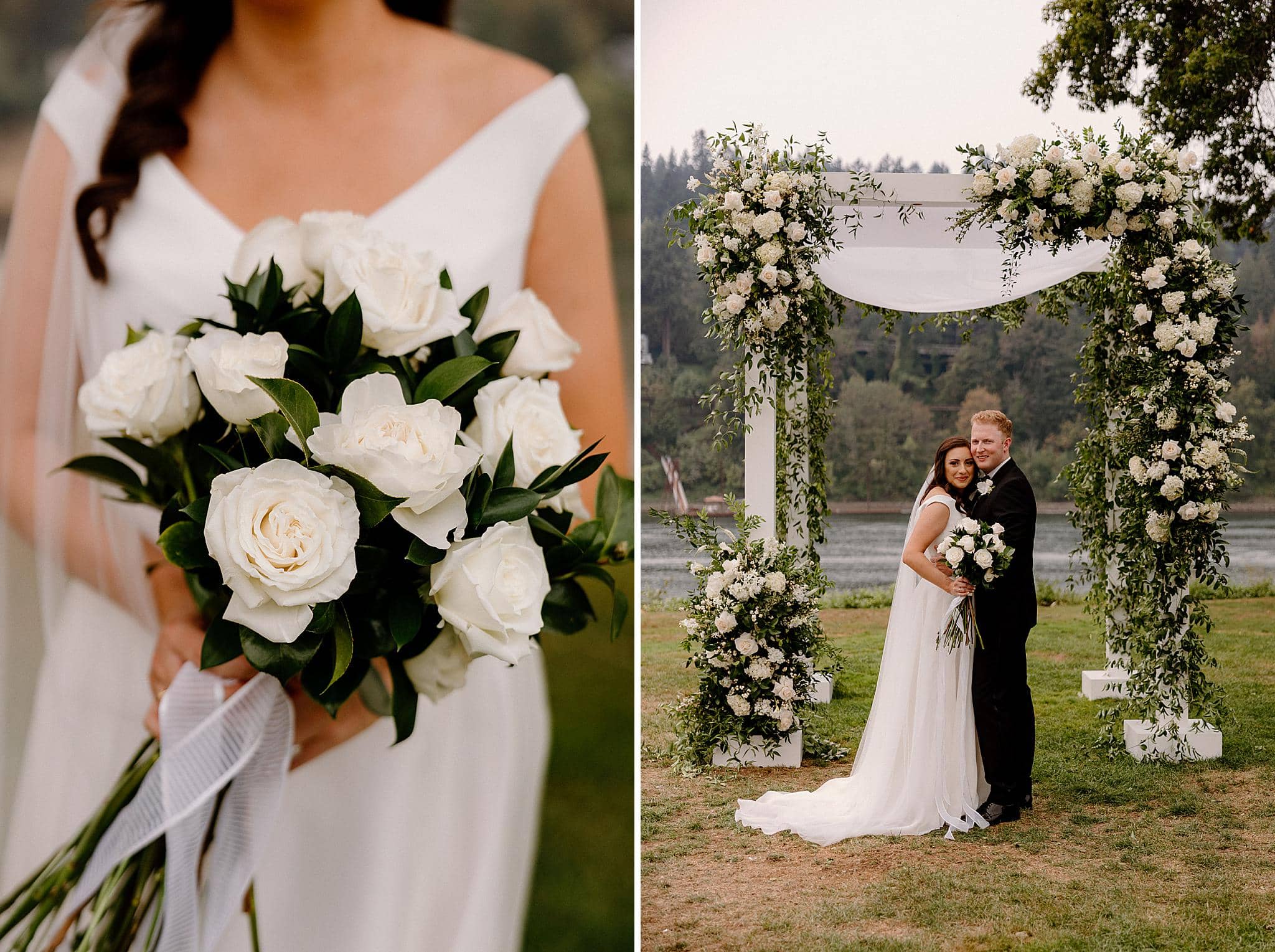 A beautiful floral arbor and bridal bouquet on the river in Lake Oswego, Oregon. 