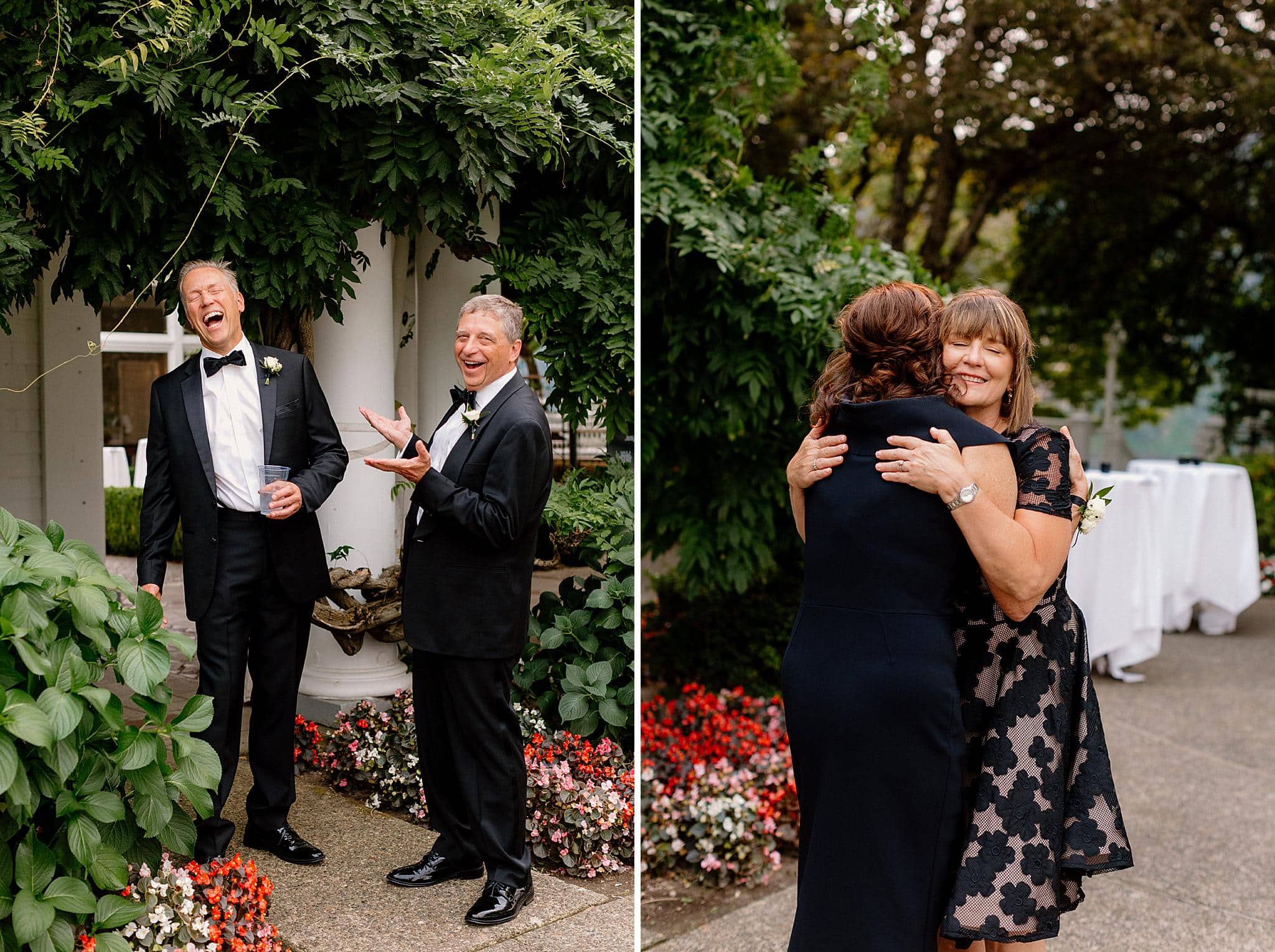 Parents of the bride and groom exchange a candid moment at a Portland, OR country club wedding. 