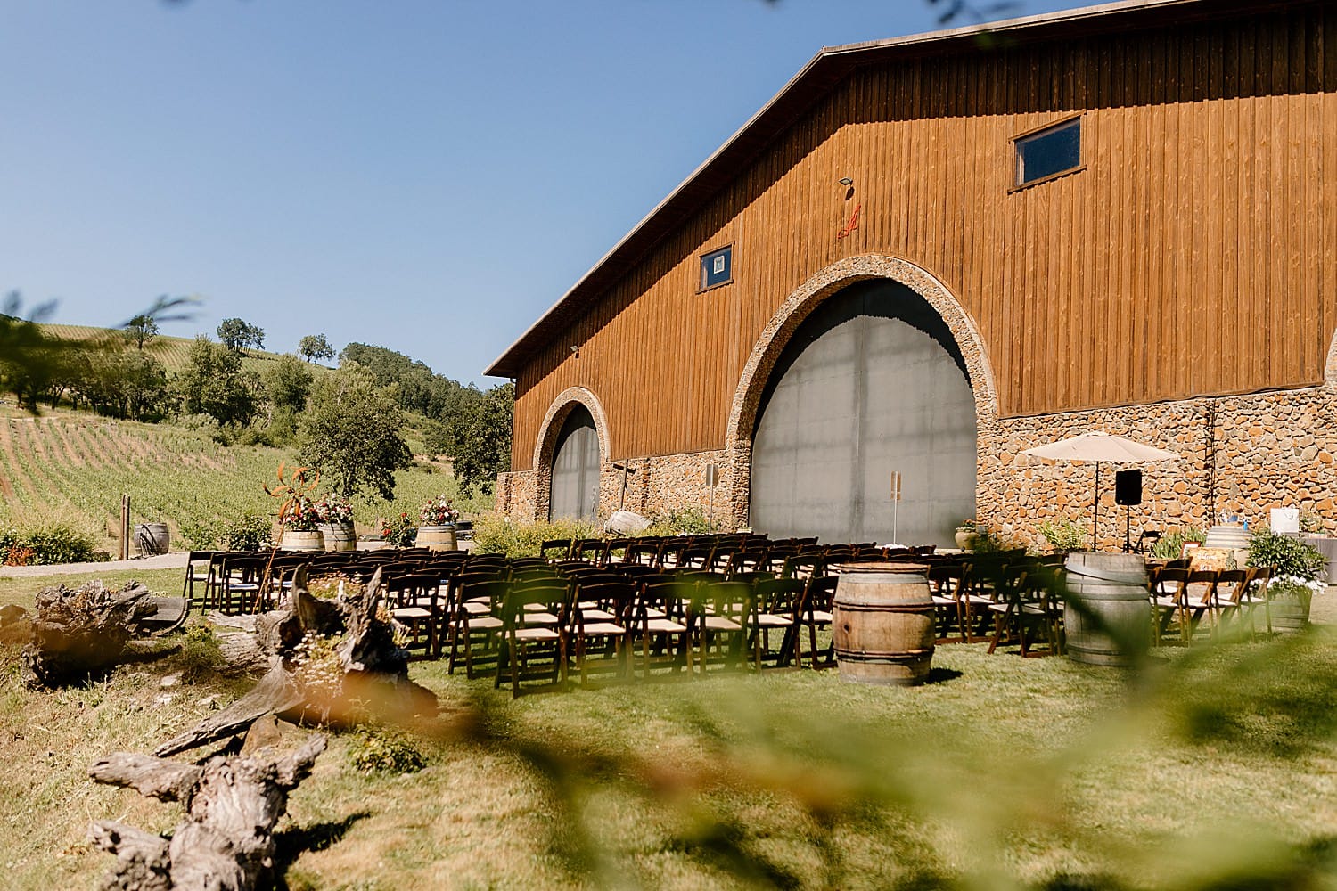 A wedding ceremony on the lawn at Maysara Winery.