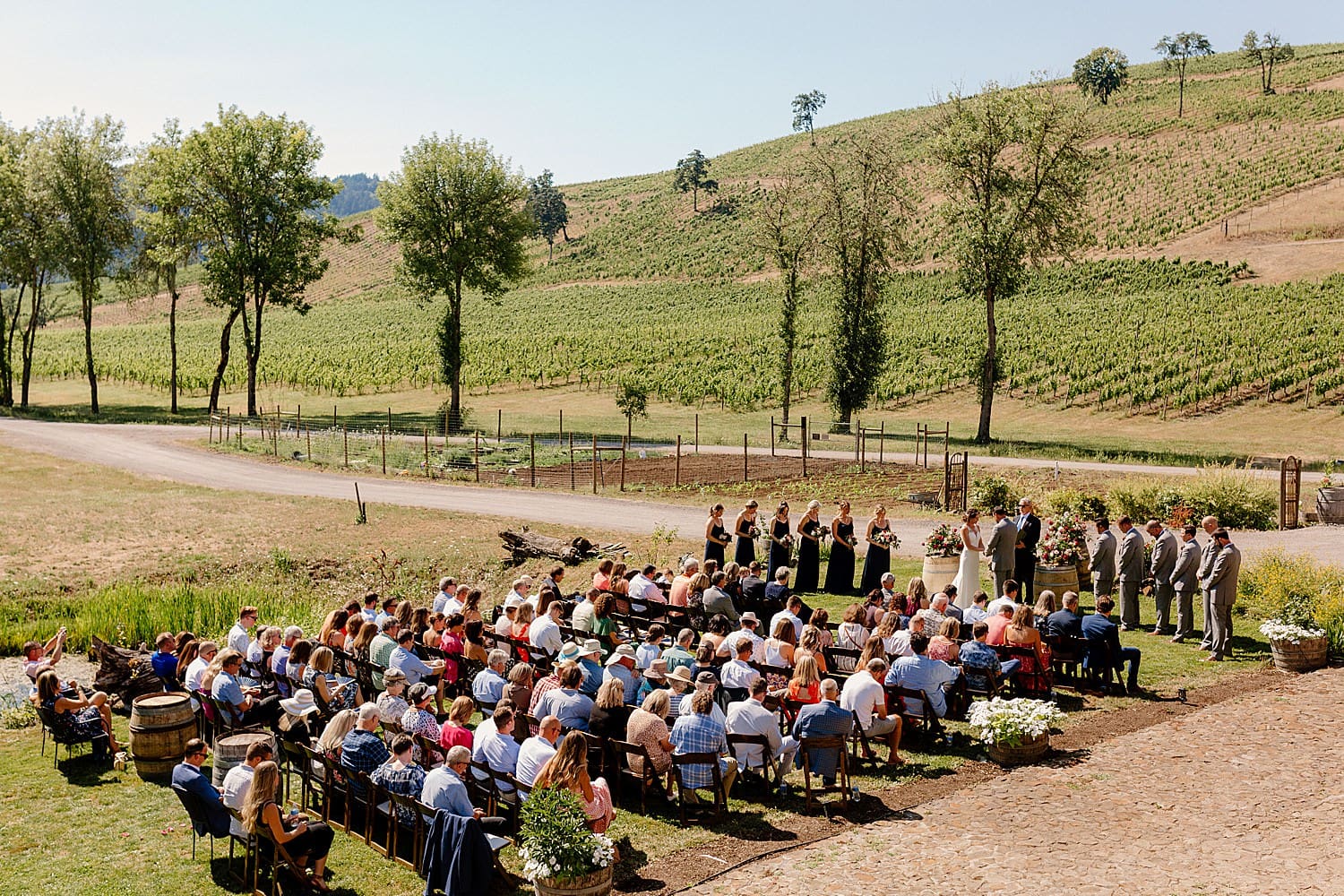 A wedding ceremony on the lawn at Maysara Winery.