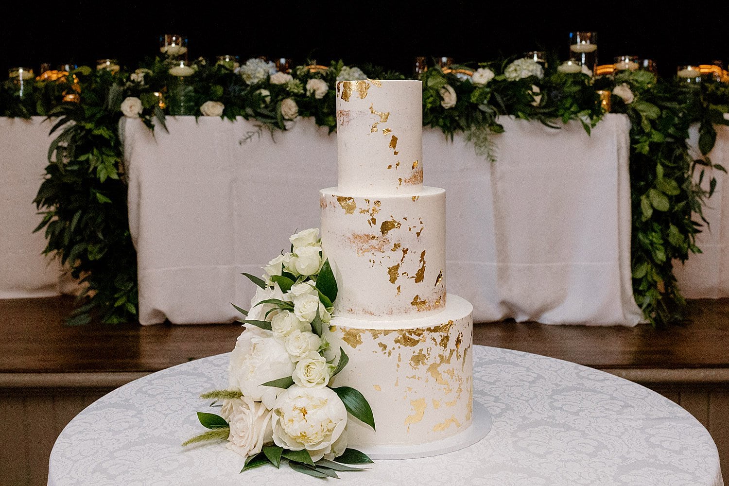 A beautiful wedding cake displayed at Providence Academy Ballroom in Vancouver, WA. 