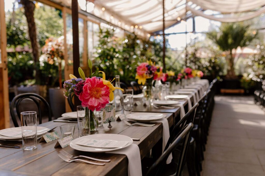 A wedding reception tablescape at Blockhouse in Portland.