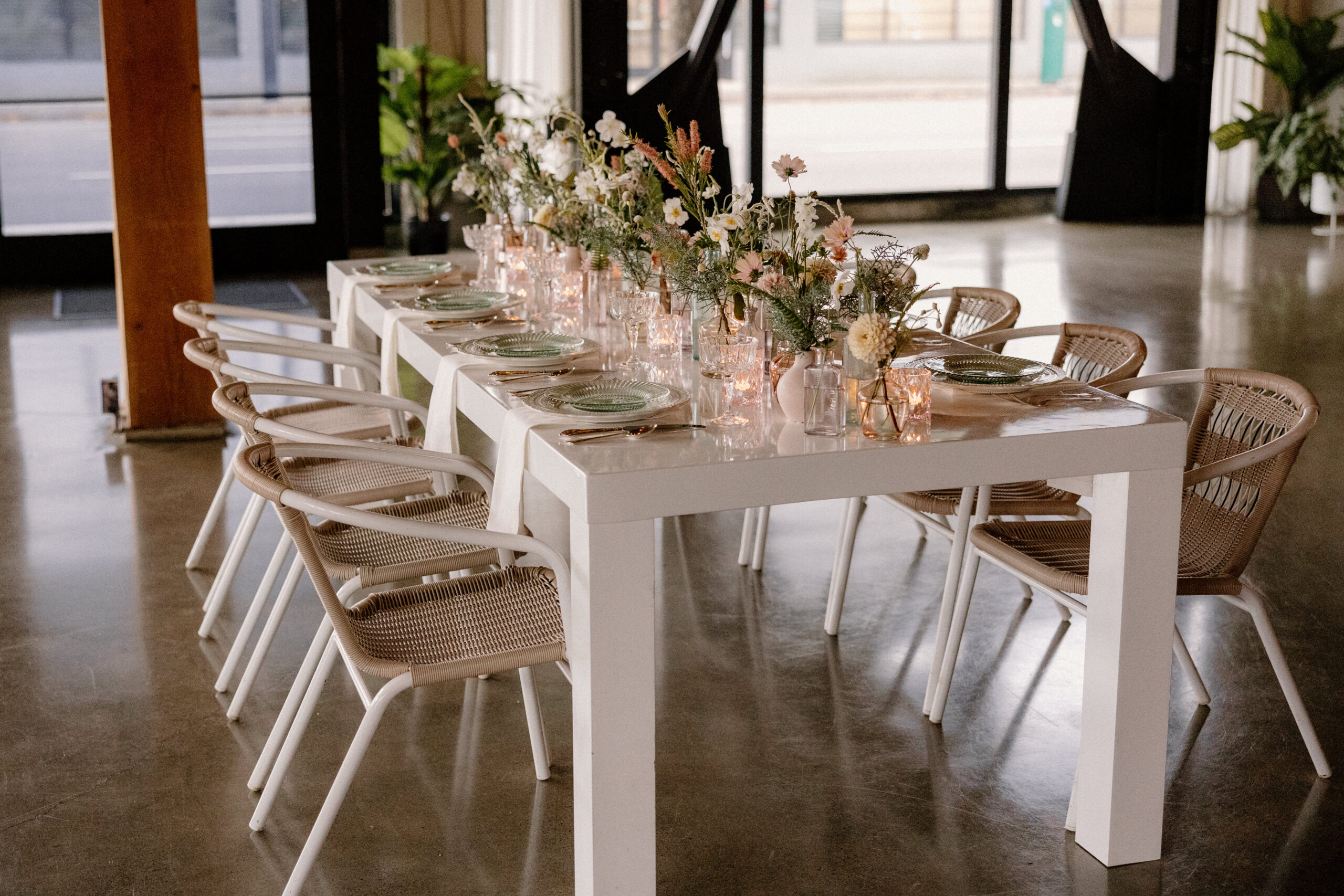 A colorful reception table at Easton Borad in Portland, OR.